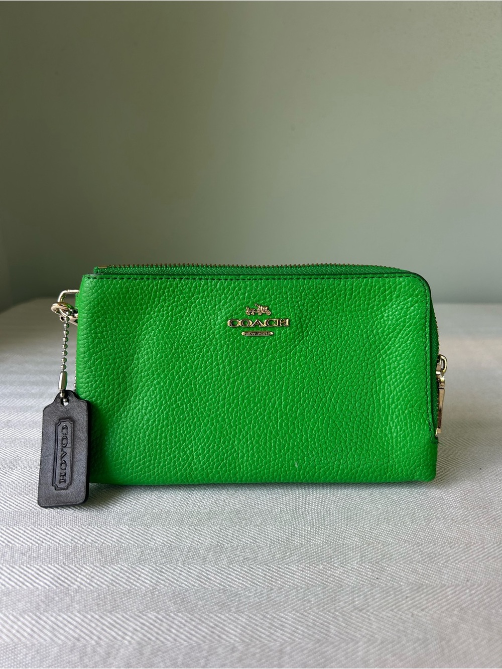 Coach Bright Green Pebbled Leather Double Zip Wristlet